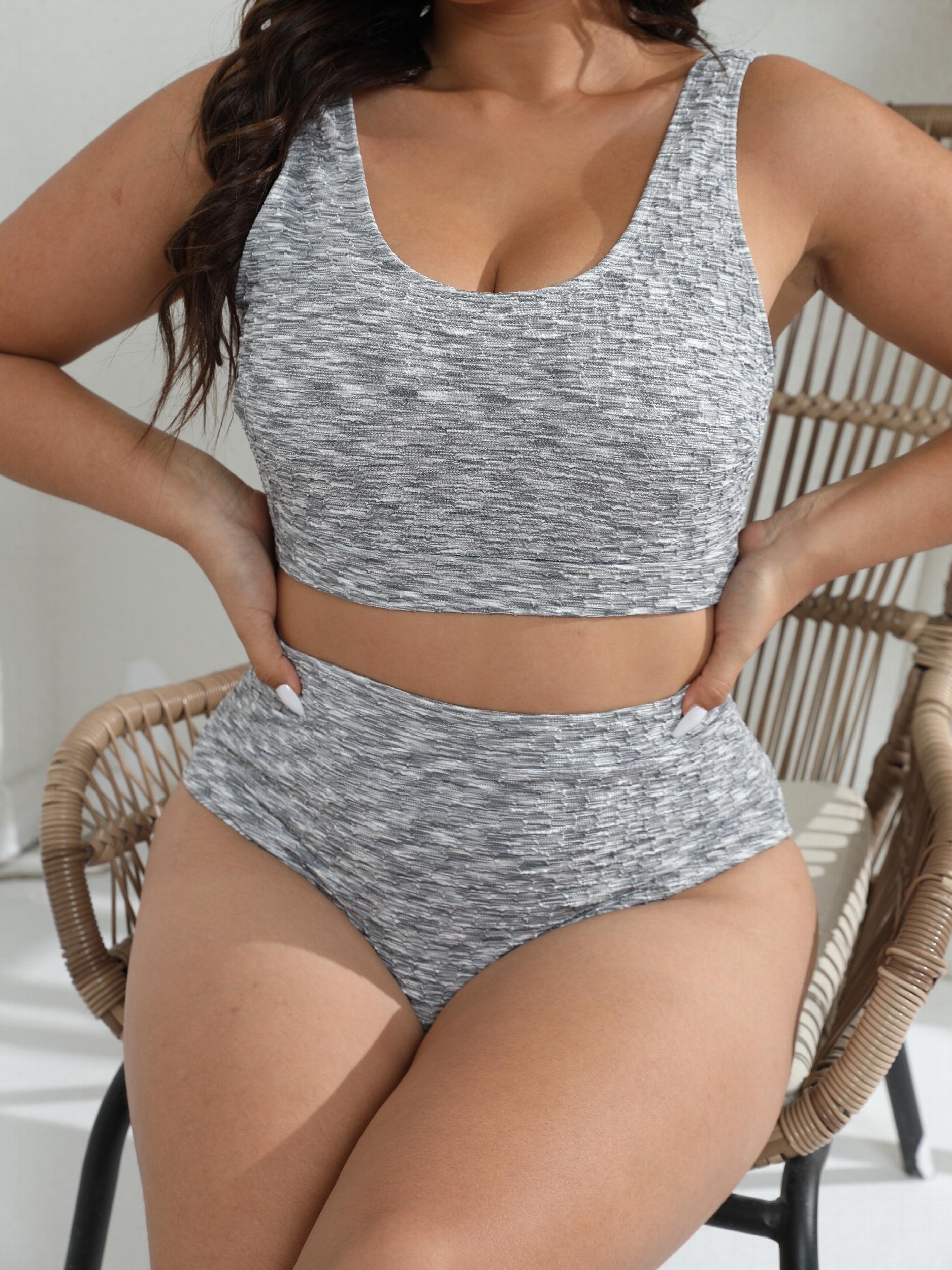  Retro Tankini Set Women's Plus Textured Tank Top & Panty Swimsuit