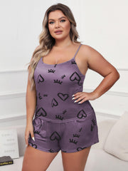  Pajama Set - Eyelash & Heart Print Cami Top & Shorts