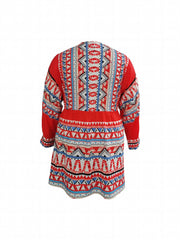 Women's Plus Geometric Print Long Sleeve V Neck A line Dress