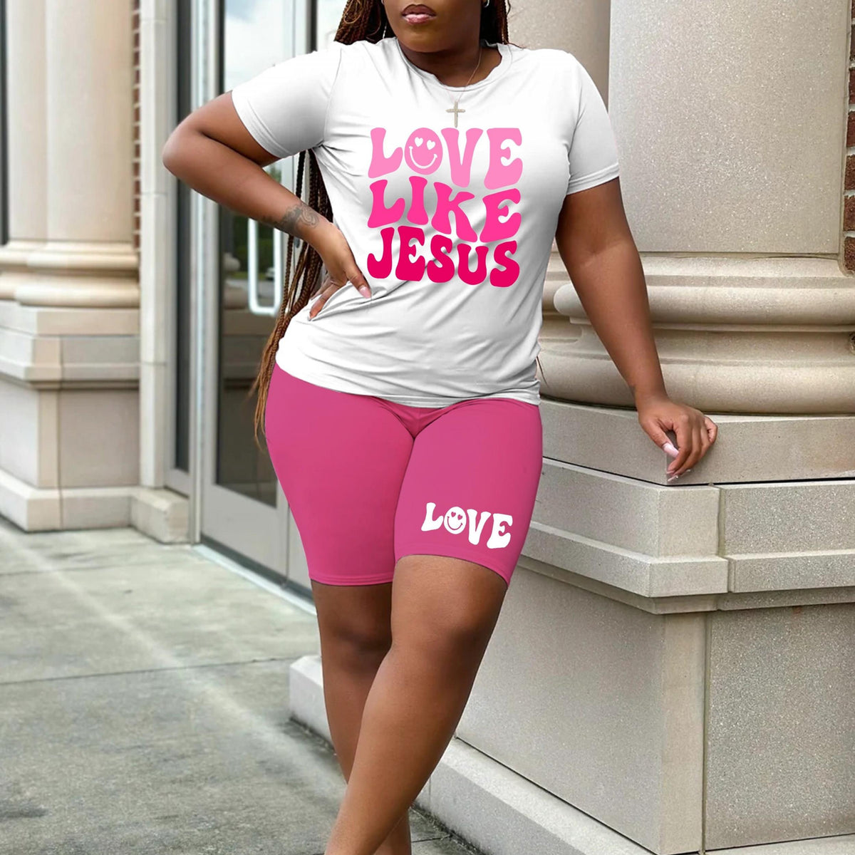  Casual 2 Piece Set: Art Letter & Face Print Top & Shorts