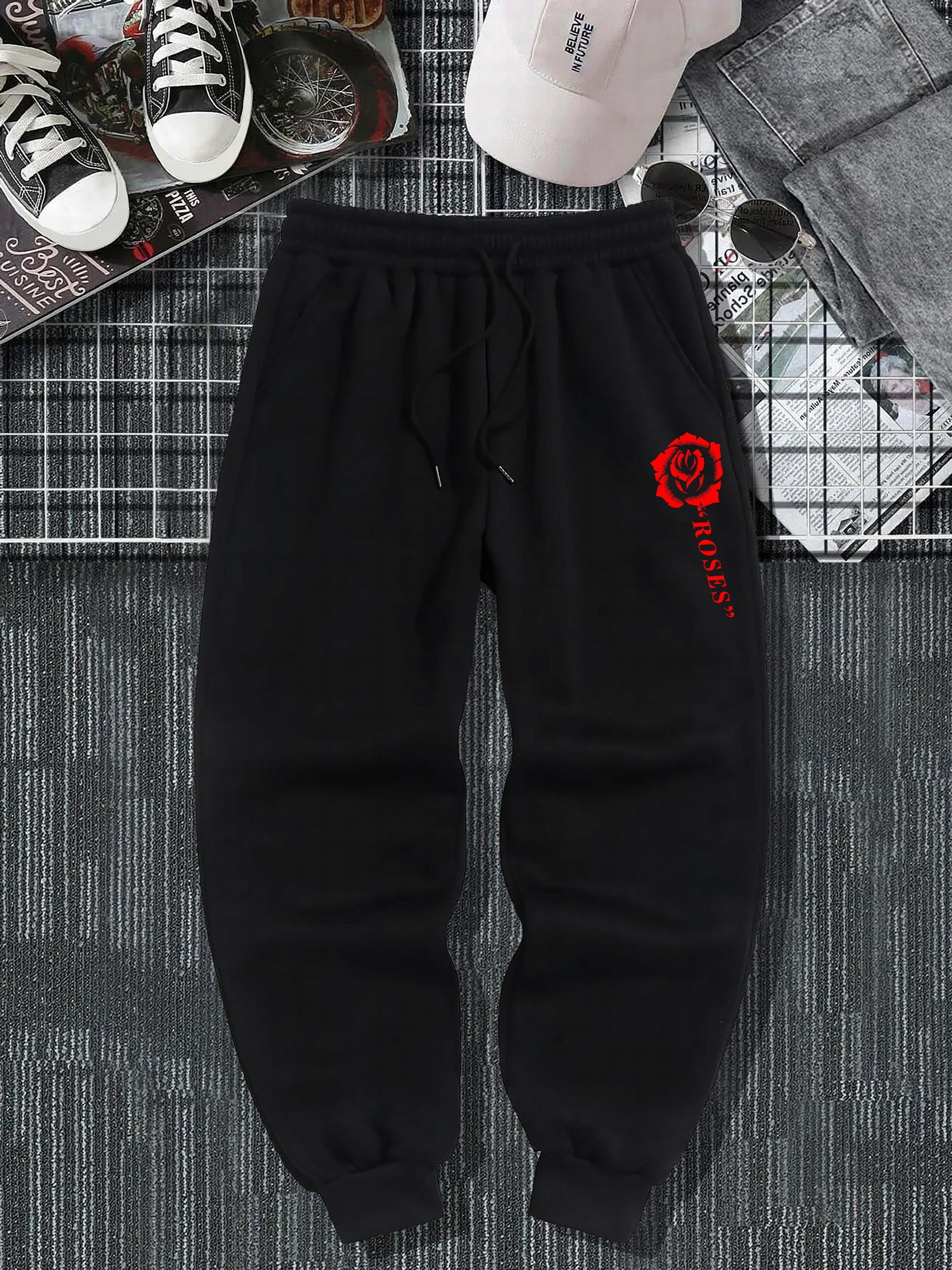 Rose Pattern Joggers Men's Casual Loose Fit Drawstring Pants