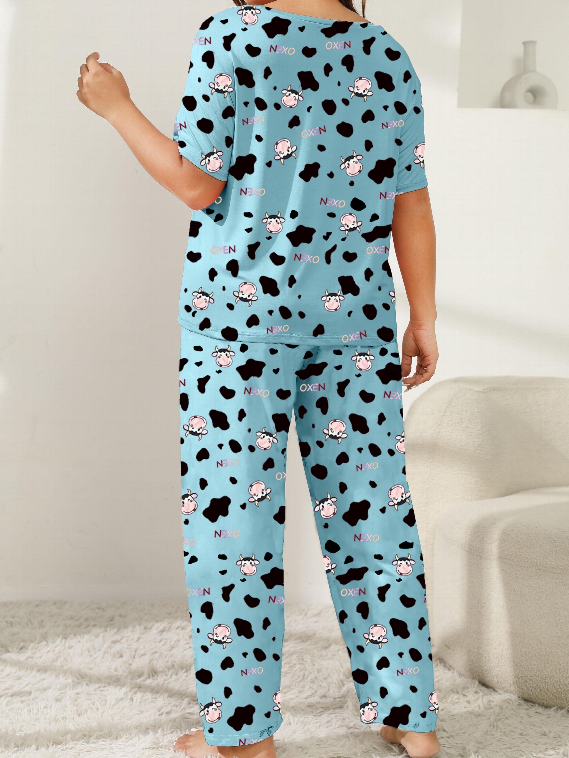  Cow & Letter Print Pajama Set Short Sleeve Tee & Pants Two Piece