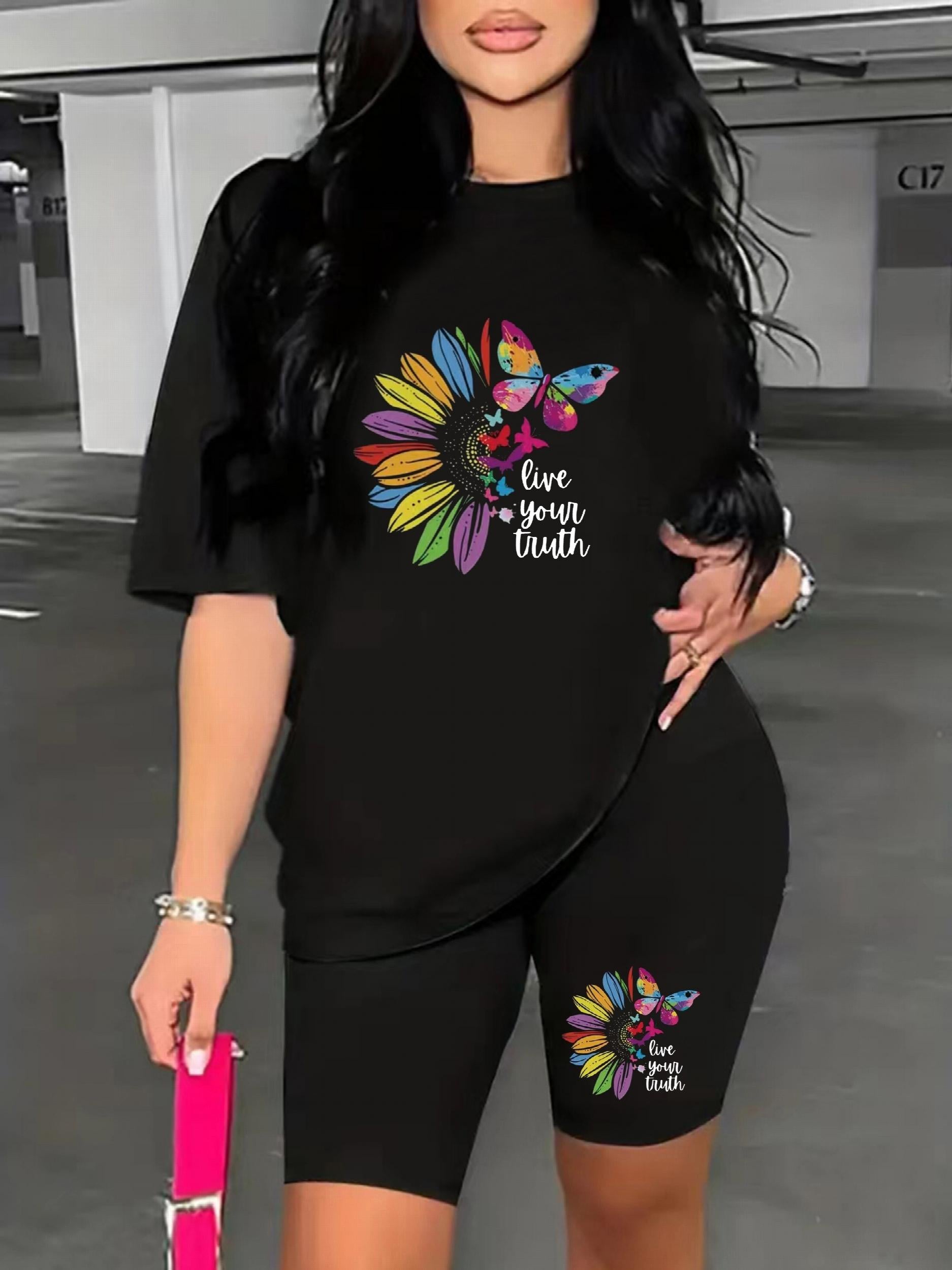  Rainbow Butterfly & Sunflower Print Top & Biker Shorts Set