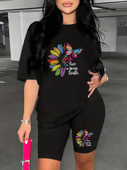  Rainbow Butterfly & Sunflower Print Top & Biker Shorts Set