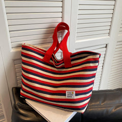 Striped Canvas Tote Bag Shoulder Handbag Travel Commuter