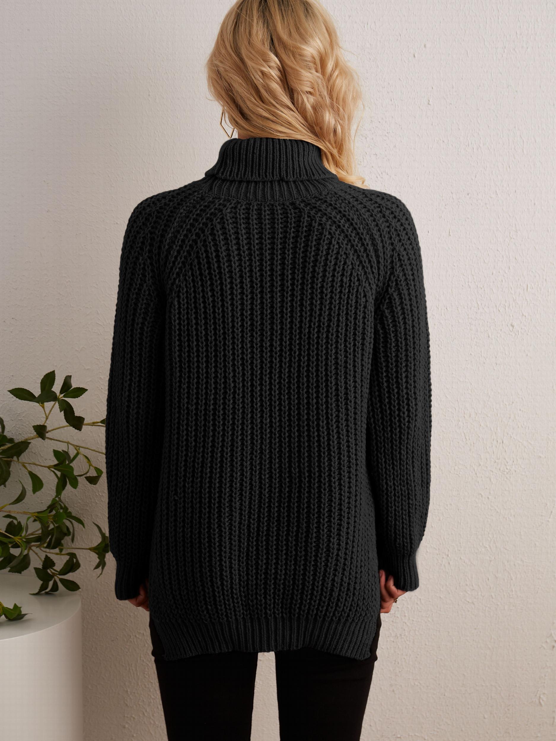 Oversized Turtleneck Sweater with Side Slit - Women's Clothing