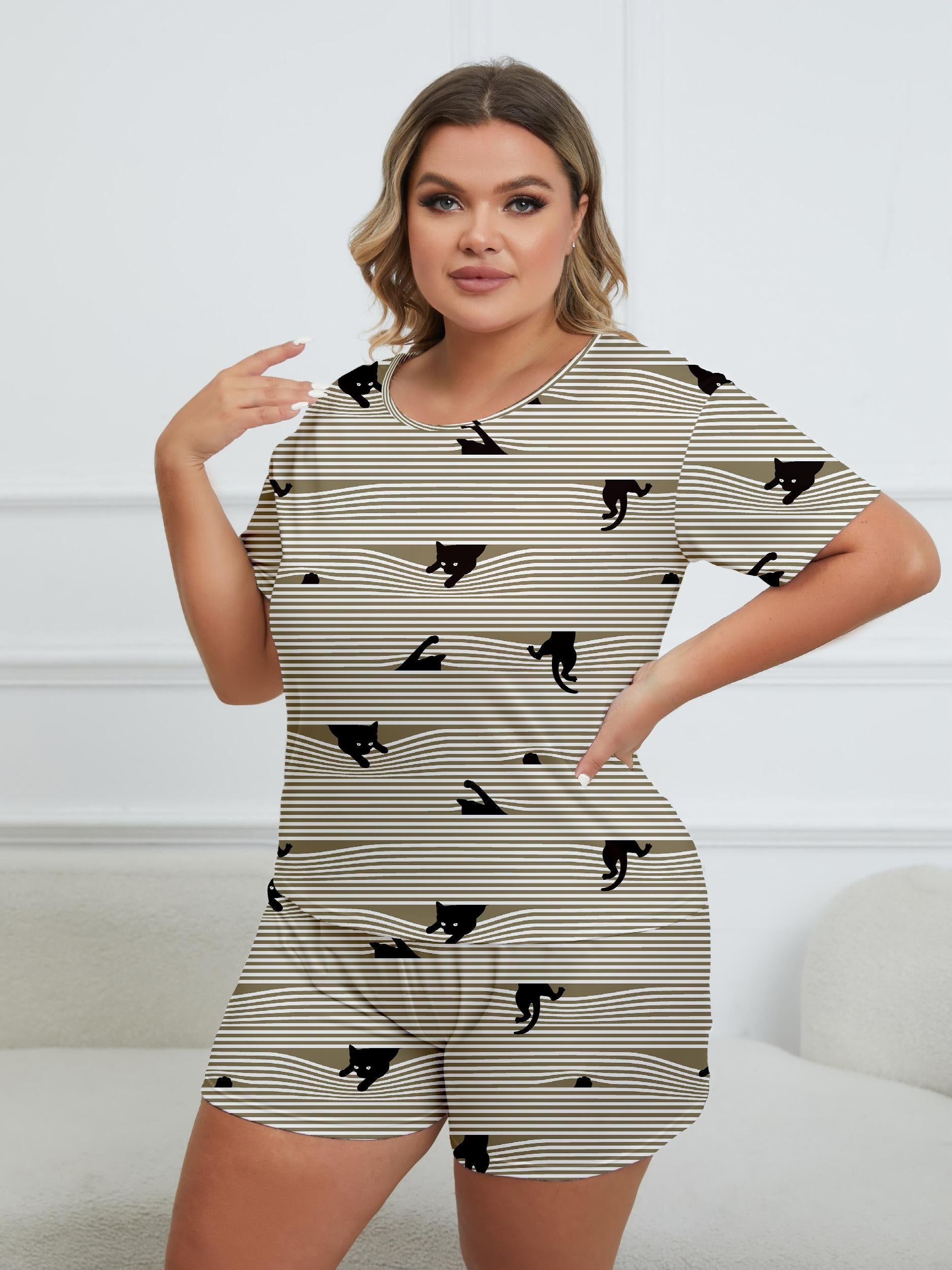  Cat & Stripe Print Pajama Set Round Neck Top & Shorts Two Piece