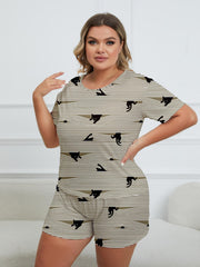  Cat & Stripe Print Pajama Set Round Neck Top & Shorts Two Piece