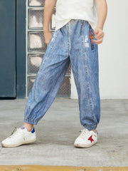 Kids Faux Denim Cotton Trousers Soft Washed Non-fading