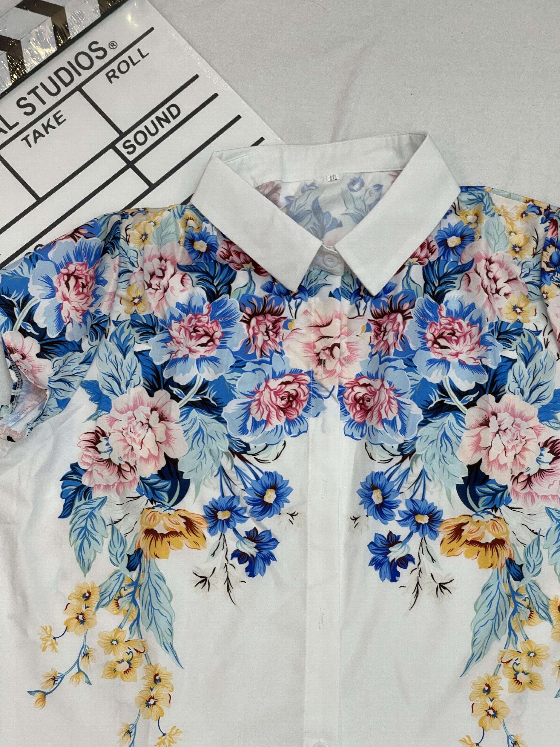  Floral Print Button Up Cap Sleeve Blouse
