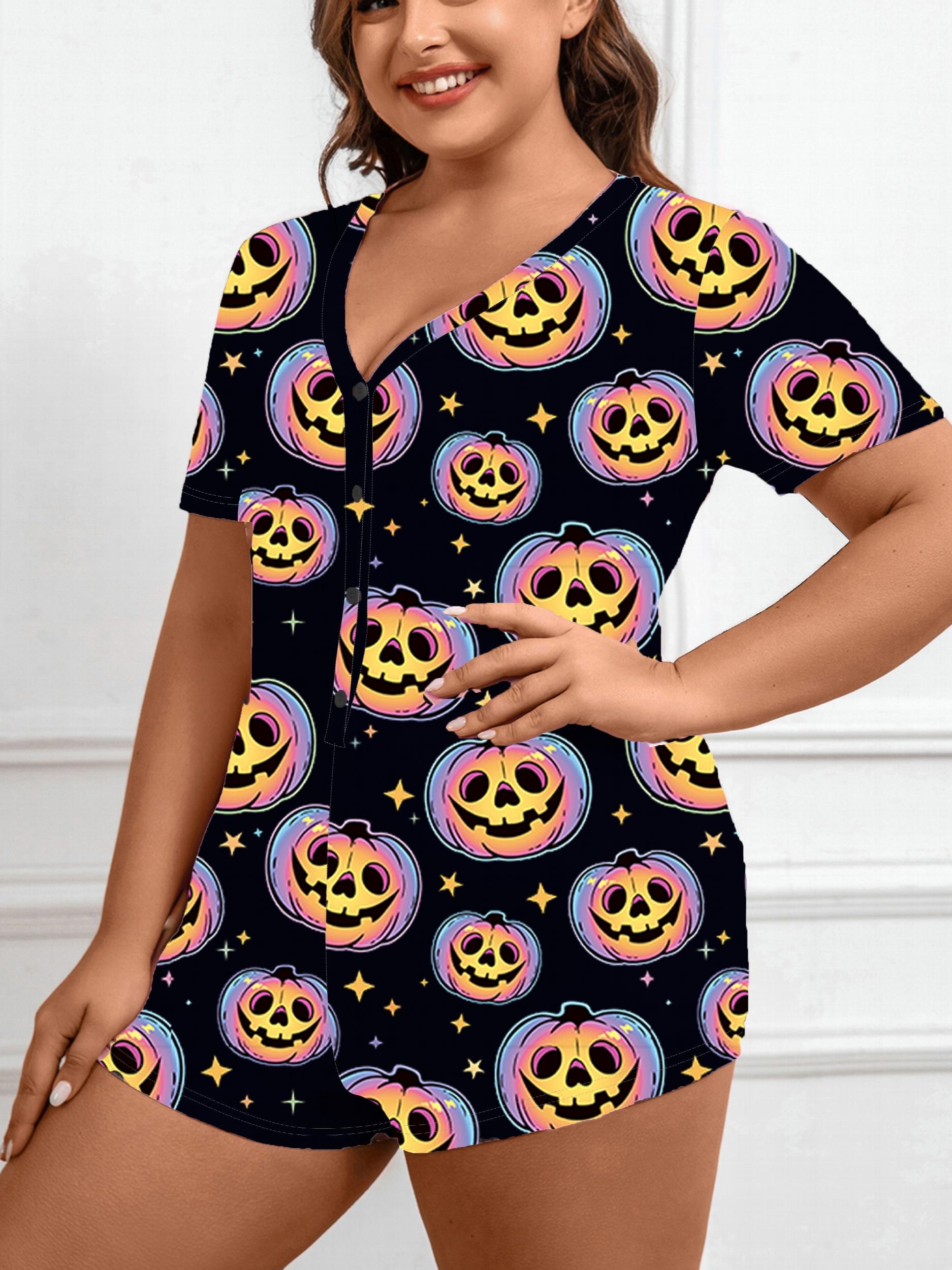  Halloween Pumpkin Print Short Sleeve Lounge Romper