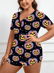  Halloween Pumpkin Print Short Sleeve Lounge Romper