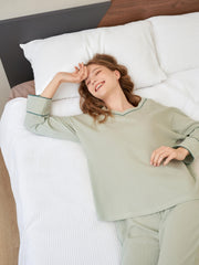 Solid Pajama Set Long Sleeve V Neck Top & Elastic Waistband Pants