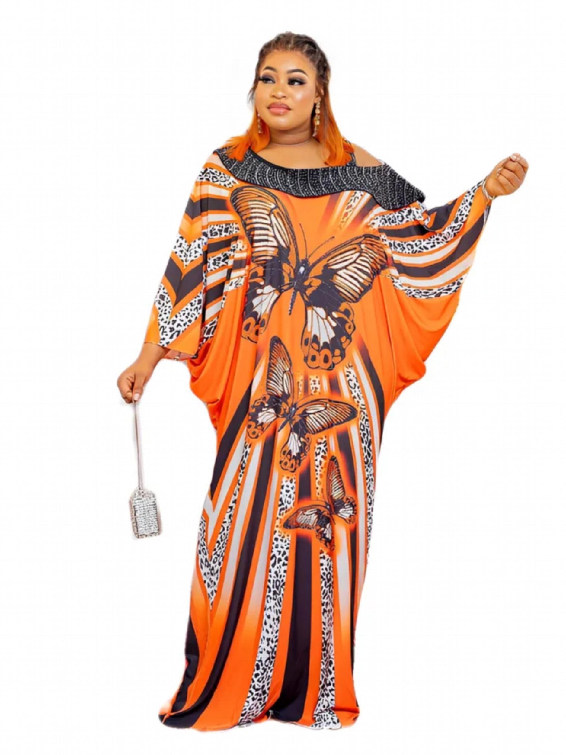  Kaftan Dress Women's Plus Butterfly & Leopard Print One Shoulder Batwi