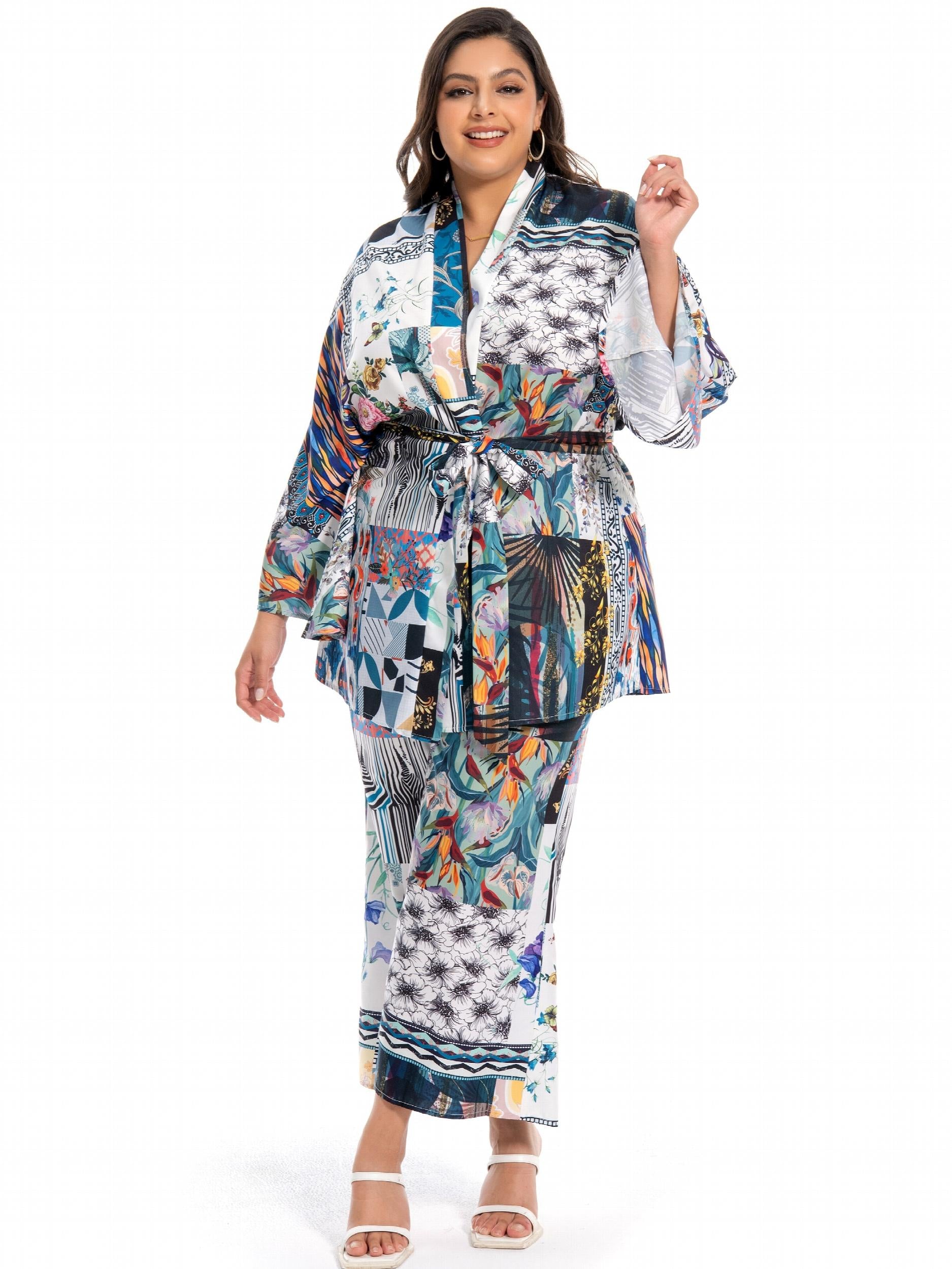  Boho Outfits Set Women's Floral Geo Wrap Kimono Top & Pants