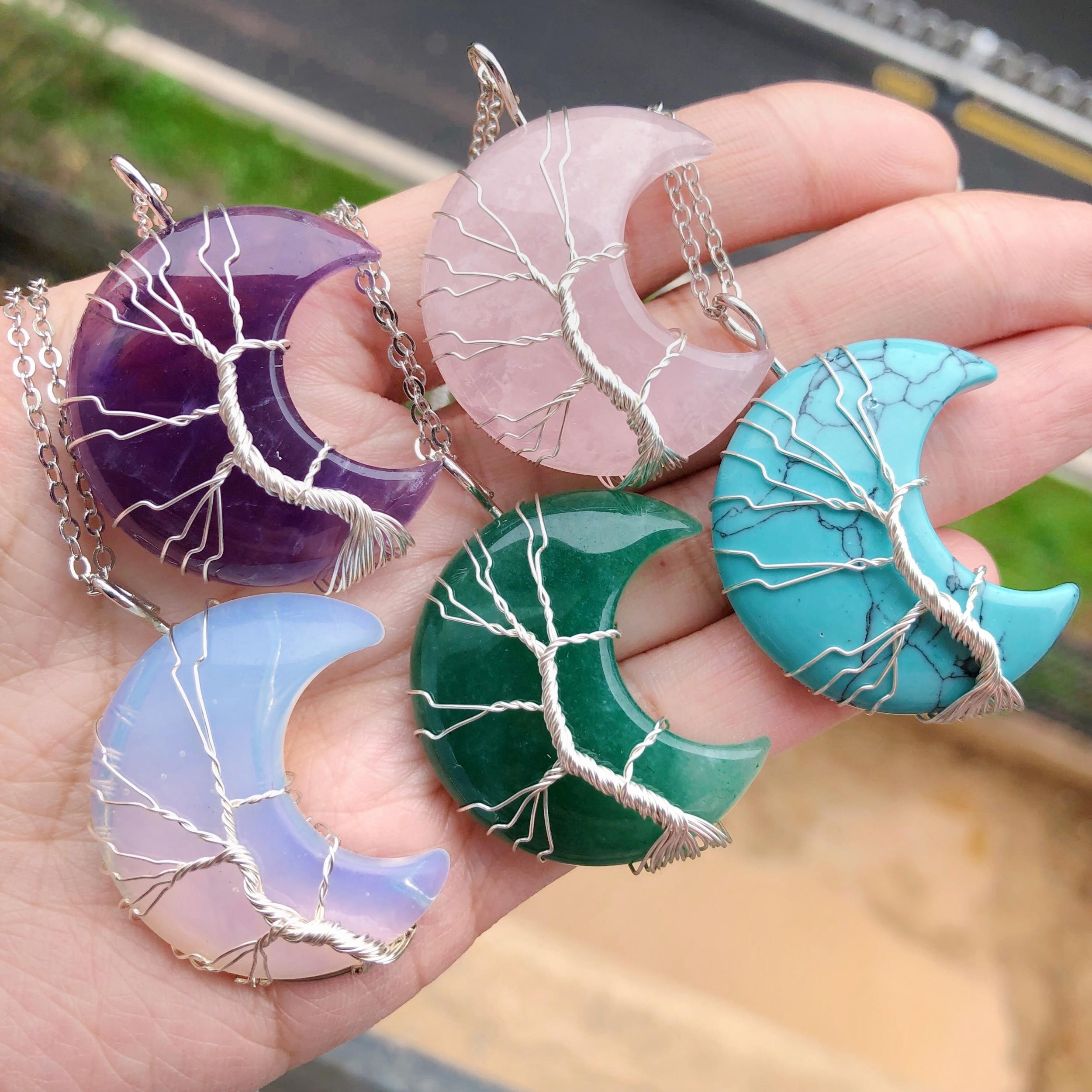 Tree Of Life Moon Pendant Necklace Reiki Healing Crystal Stone Necklaces