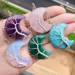 Tree Of Life Moon Pendant Necklace Reiki Healing Crystal Stone Necklaces