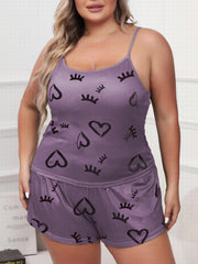  Pajama Set - Eyelash & Heart Print Cami Top & Shorts