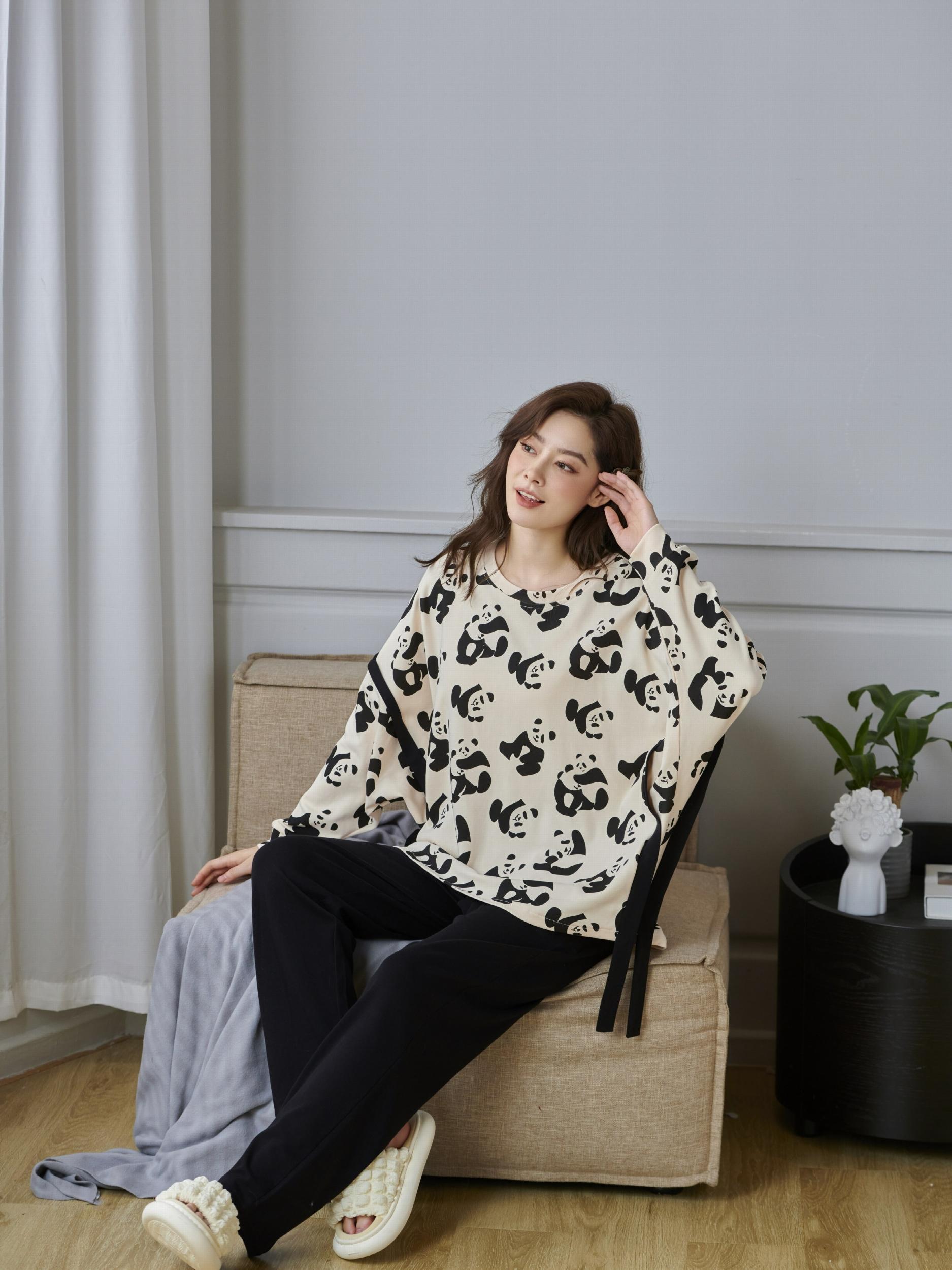 Panda Print Pajama Set Long Sleeve Crew Neck Top & Pants