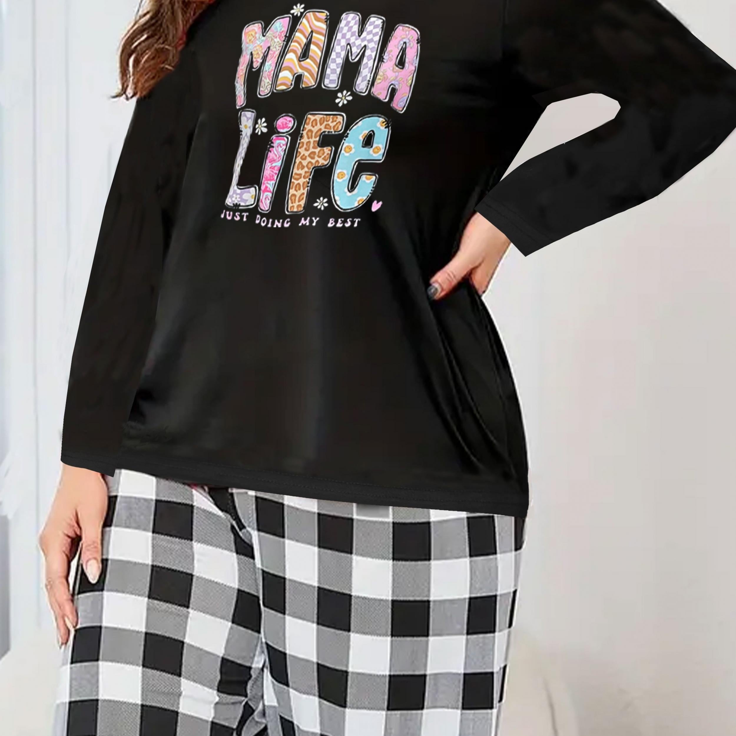  Lounge Set Women's Plus Tee & Plaid Pants Pajama