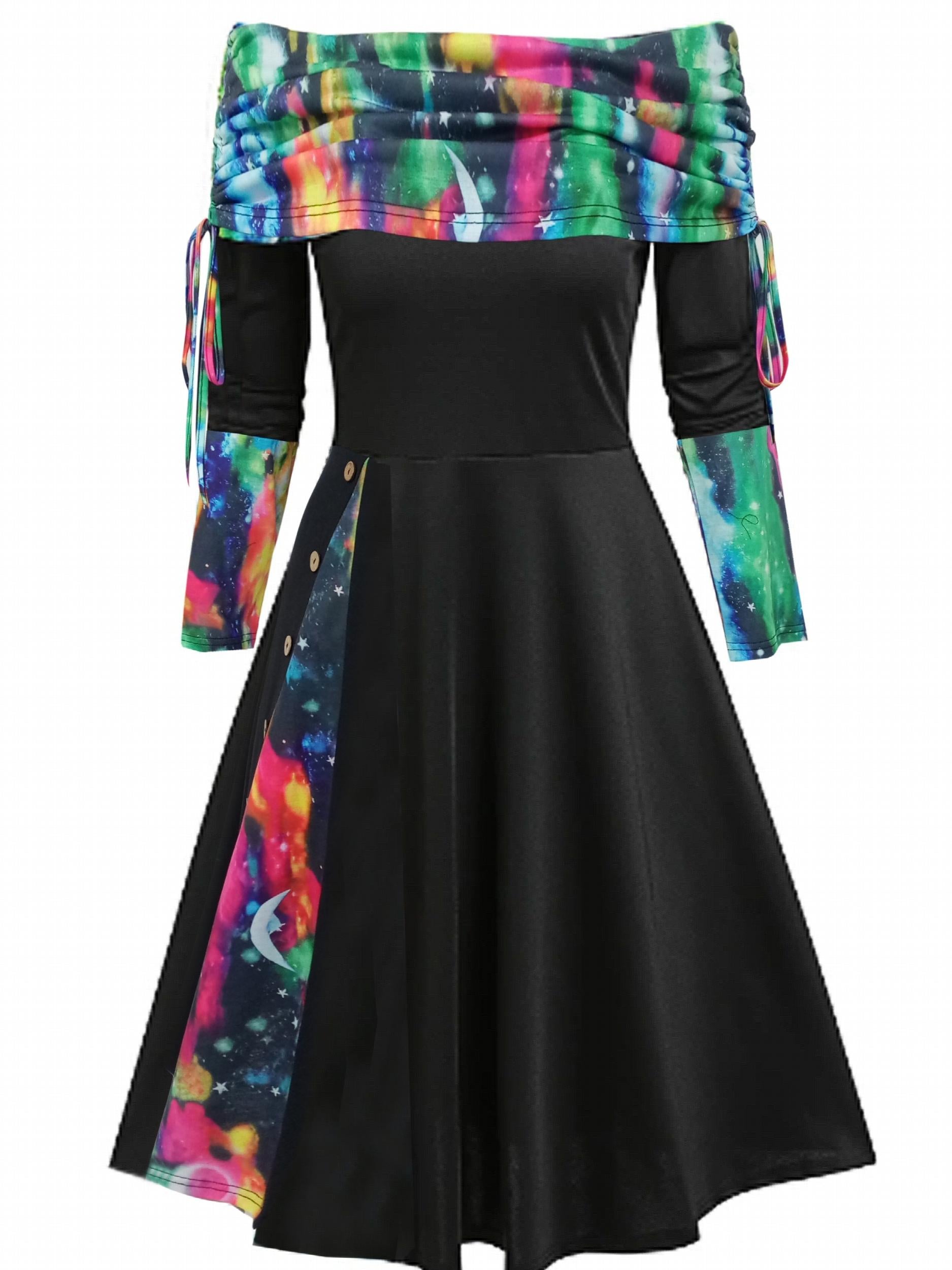 Colorblock Off Shoulder Ruched Dress