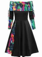  Colorblock Off Shoulder Ruched Dress
