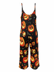  Pumpkin Print Round Neck Wide Leg Jumpsuit