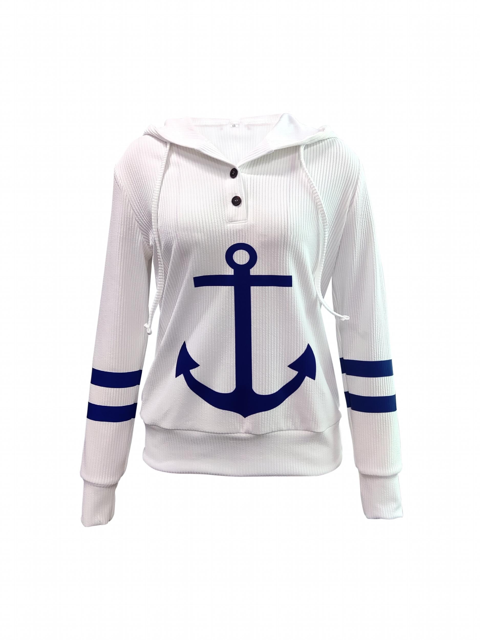 Anchor Print Button Hoodie Long Sleeve Sweatshirt