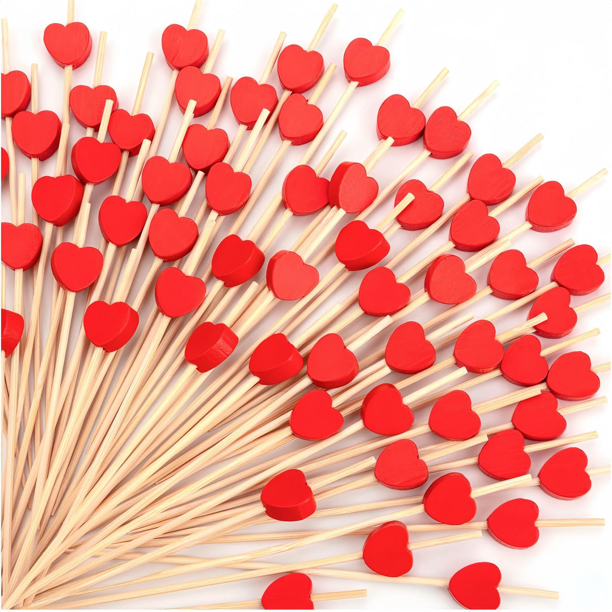 100pcs Red Heart Cocktail Picks Bamboo Skewers for Party Food Drinks