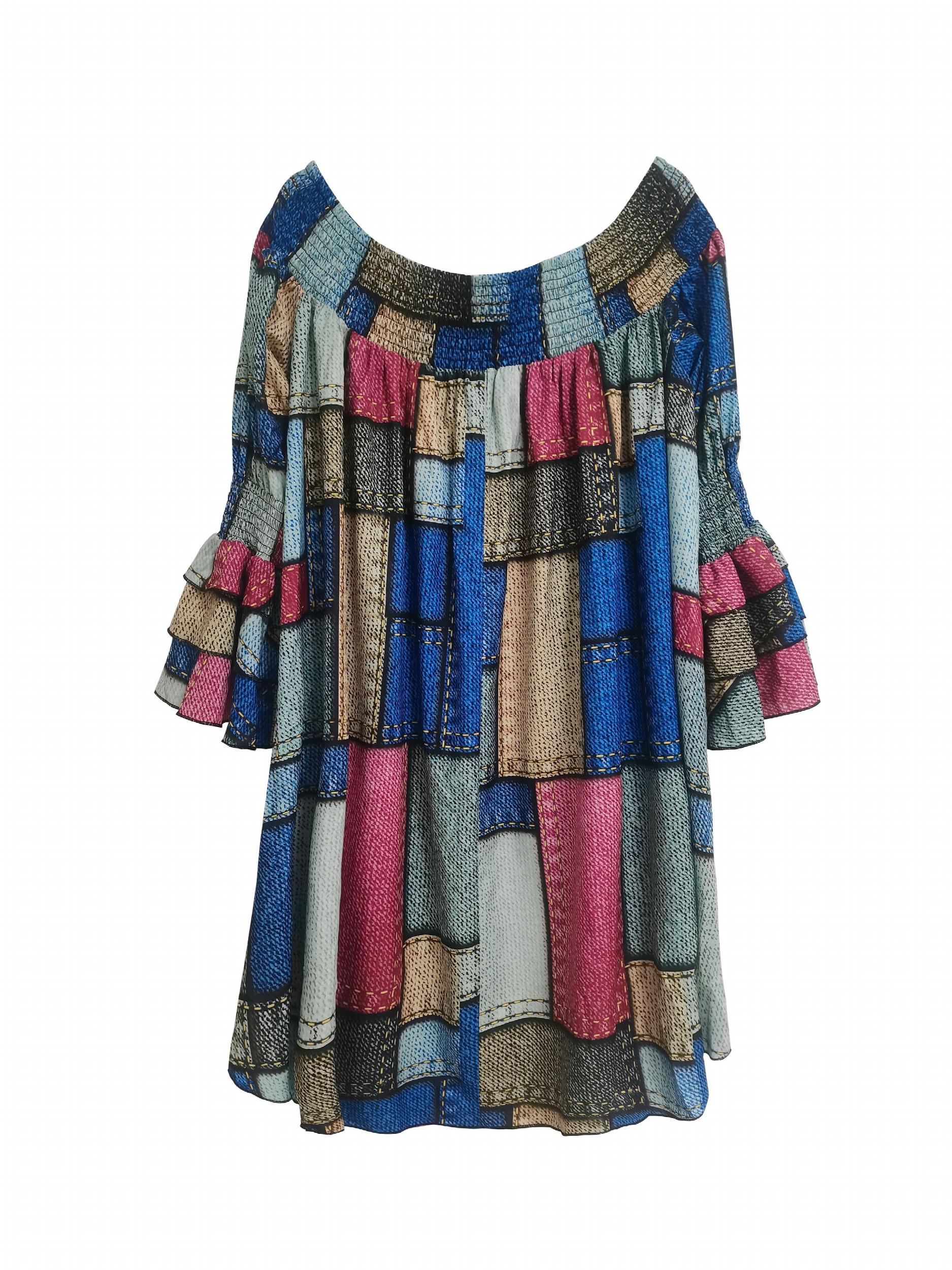  Denim Print Off Shoulder Dress