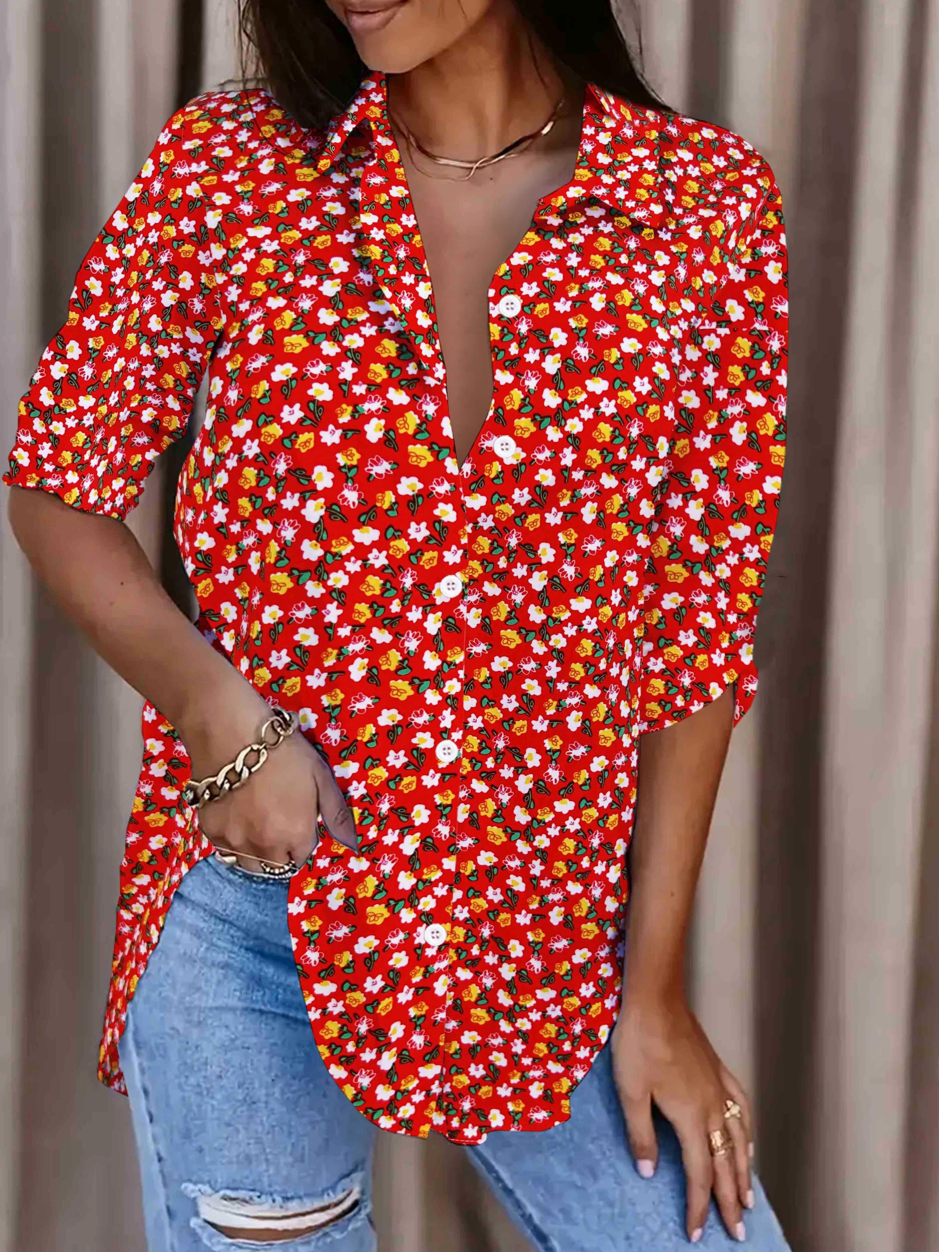 Boho Blouse Plus Size Women's Ditsy Floral Print Long Sleeve Shirt
