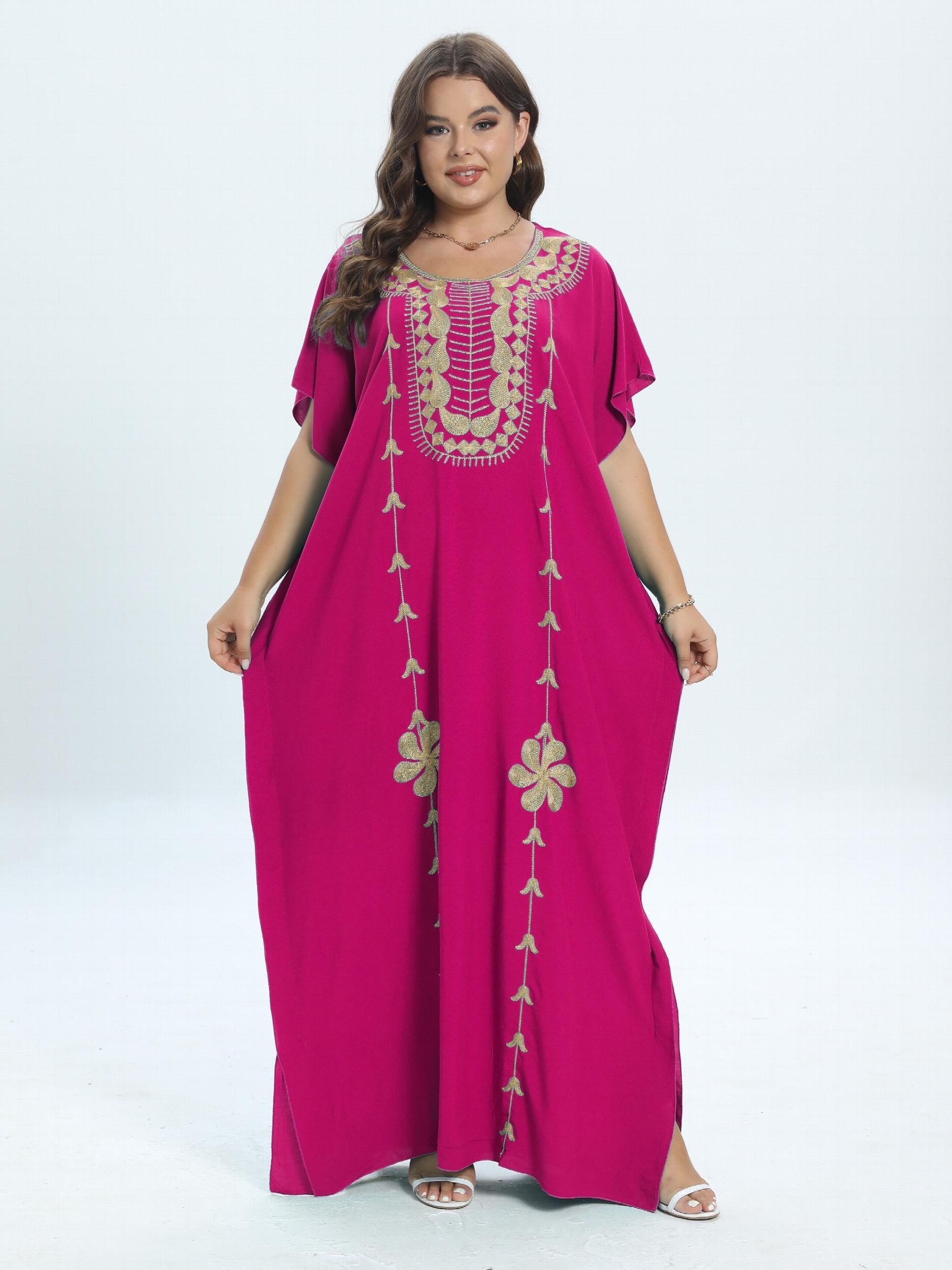  Casual Kaftan Dress Women's Plus Colorblock Floral Embroidery Maxi Dre