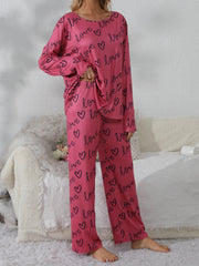 Heart Print Pajama Set Long Sleeve Crew Neck Top & Elastic Waistband Pants