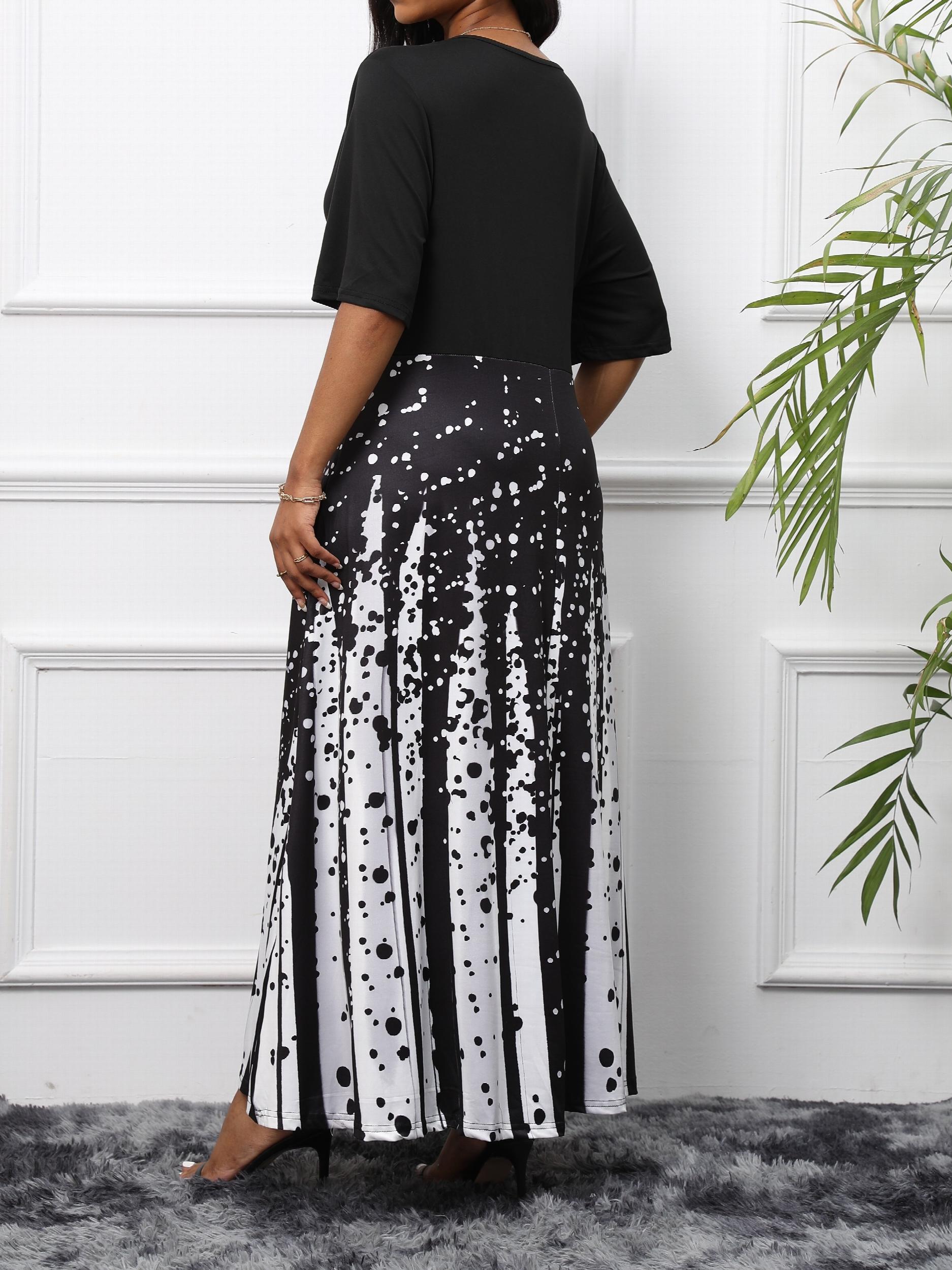 Colorblock Print Maxi Dress With Pockets