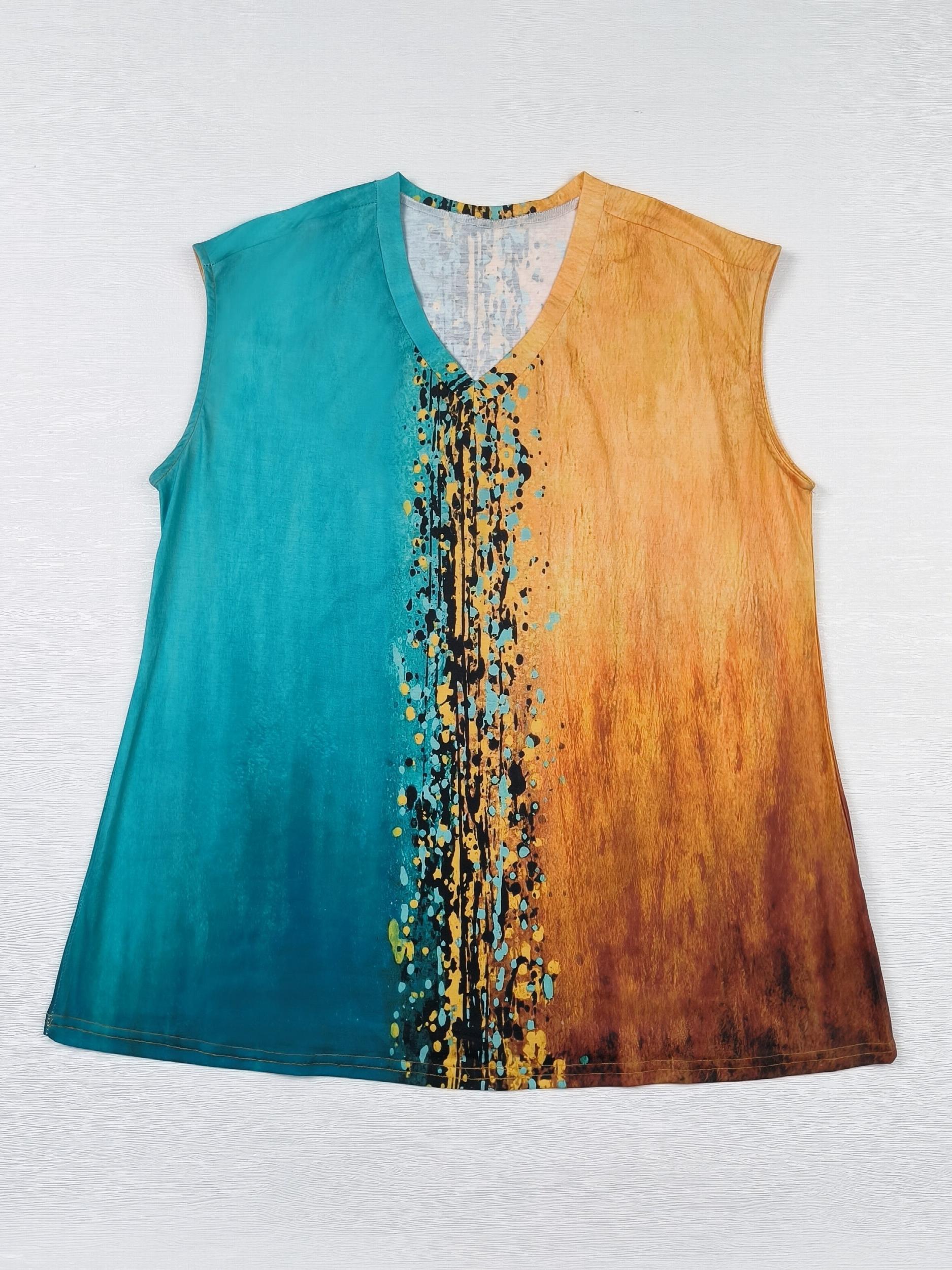  Colorblock Print V Neck Tank Top