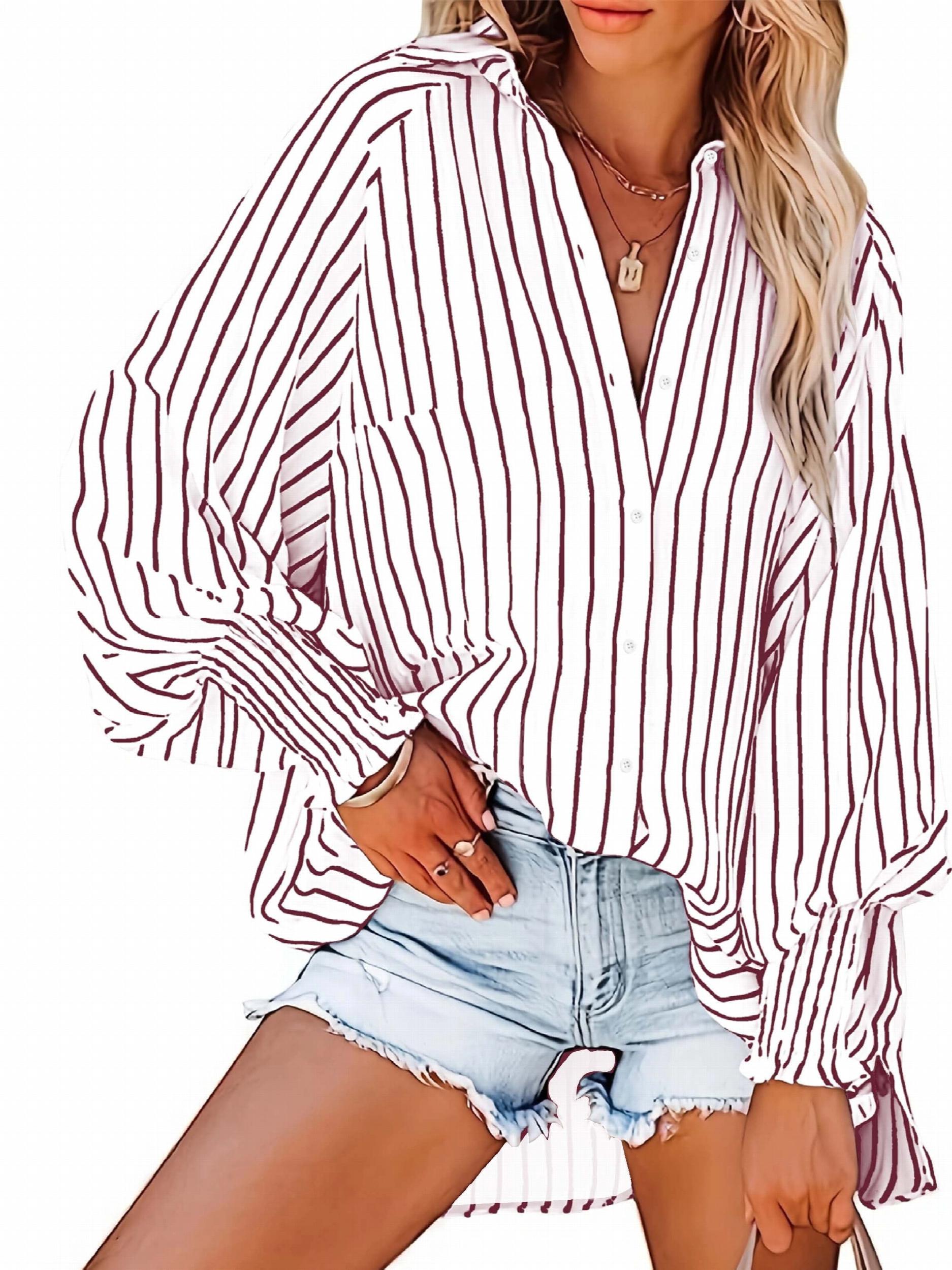  Striped Print Lantern Sleeve Button Up Collar Tunic Top