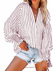  Striped Print Lantern Sleeve Button Up Collar Tunic Top