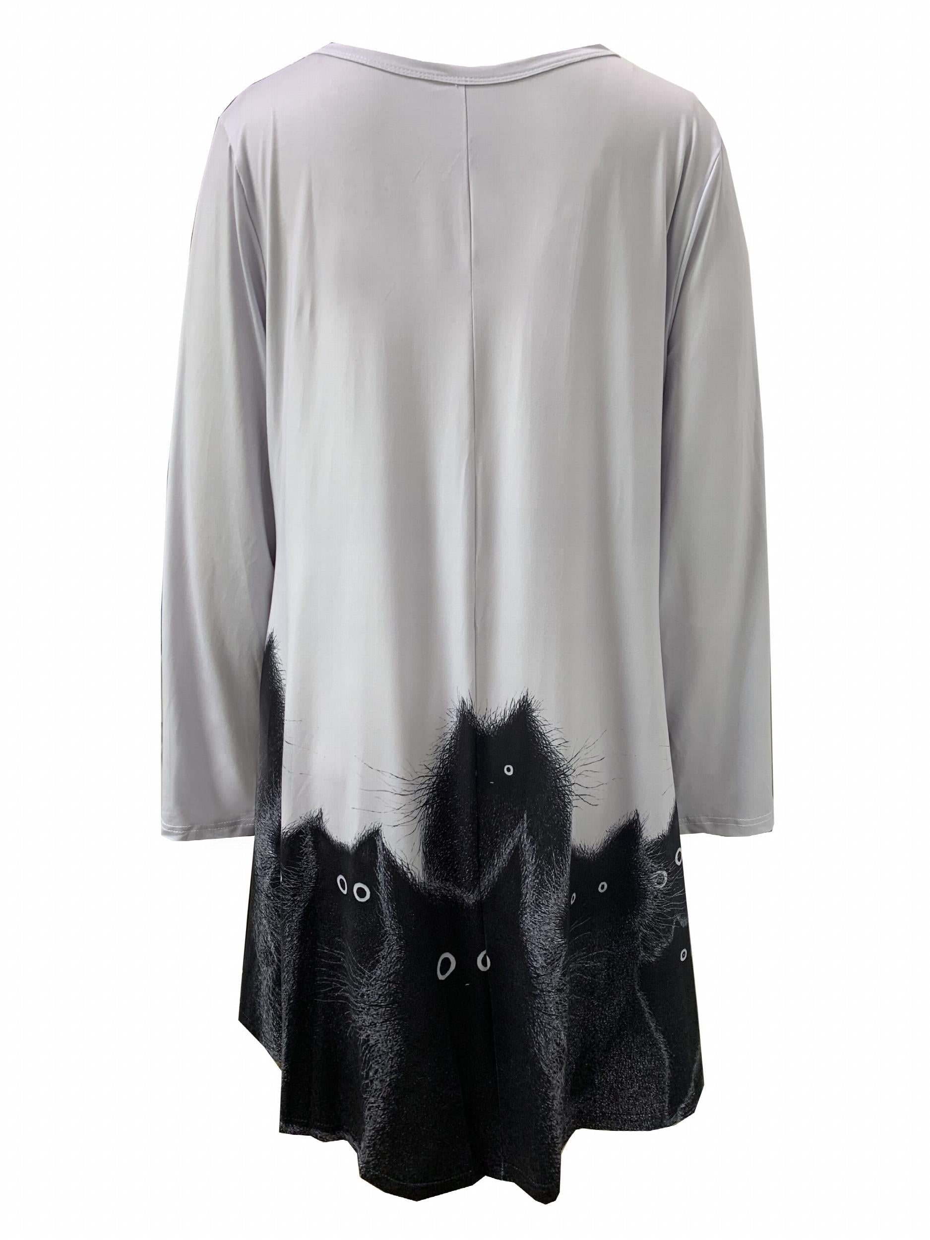  Cat Print Long Sleeve Dress With Pockets