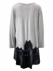  Cat Print Long Sleeve Dress With Pockets