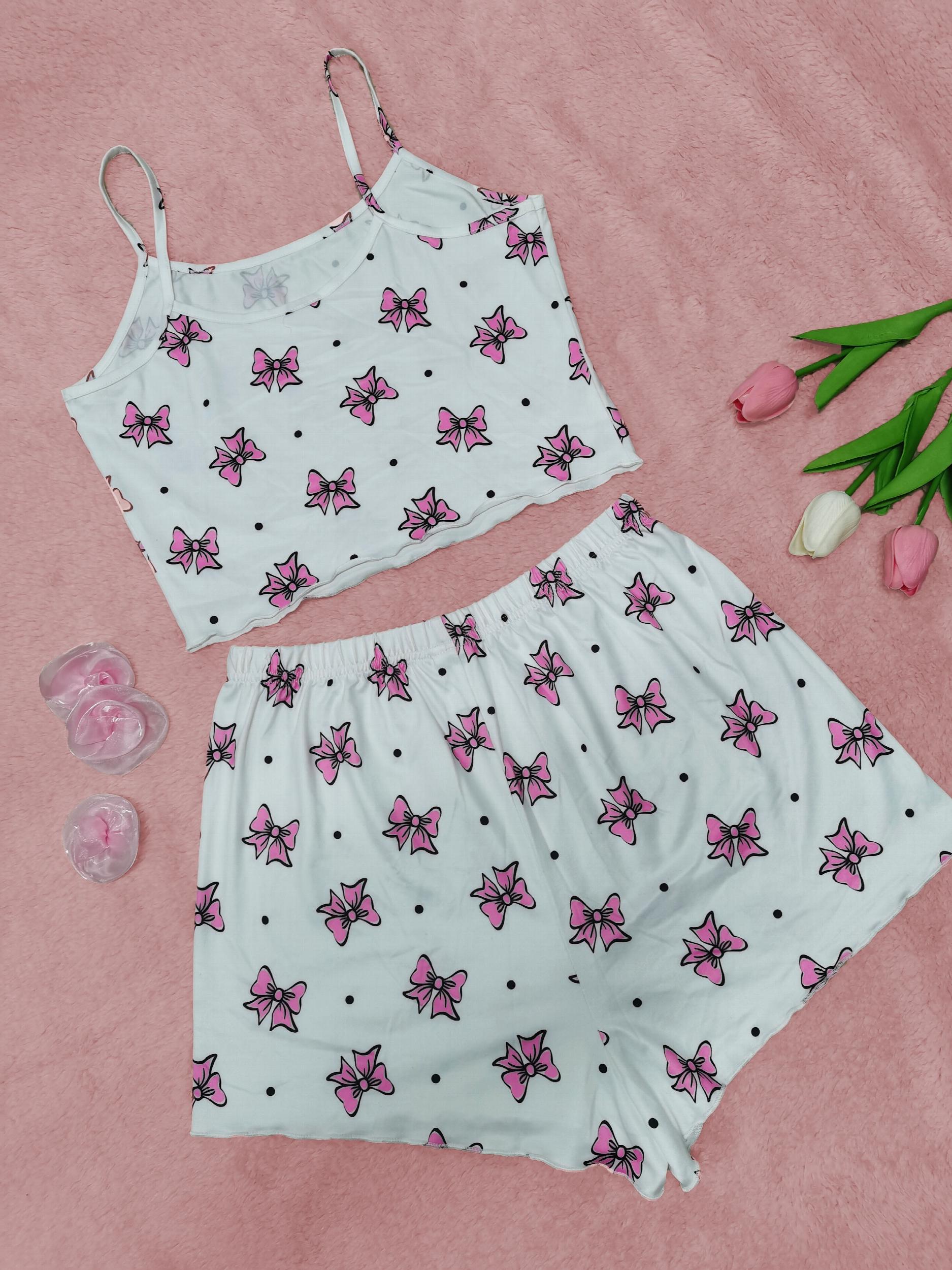 Bow Print Pajama Set Crew Neck Cami Top & Shorts Sleepwear Loungewear