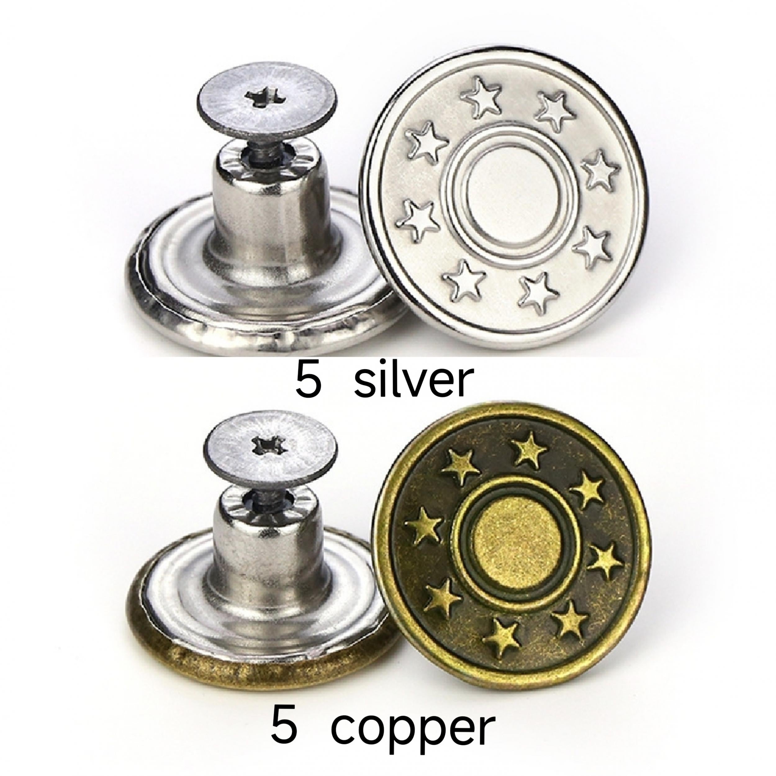 10pc Seam Button Pins For Jeans in Silver/Copper Set w/ Screwdriver