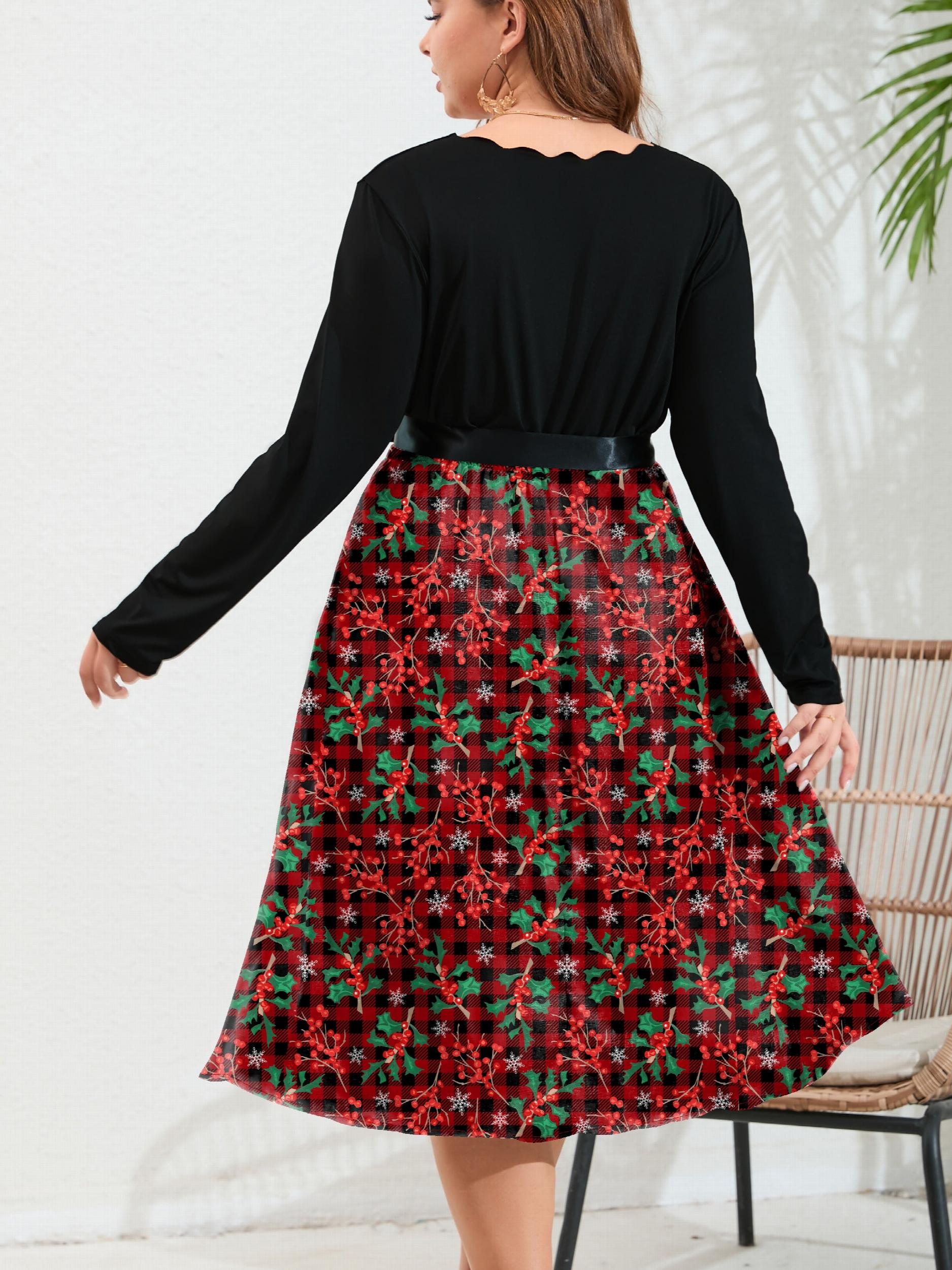  Colorblock Floral Print Scallop Trim Dress
