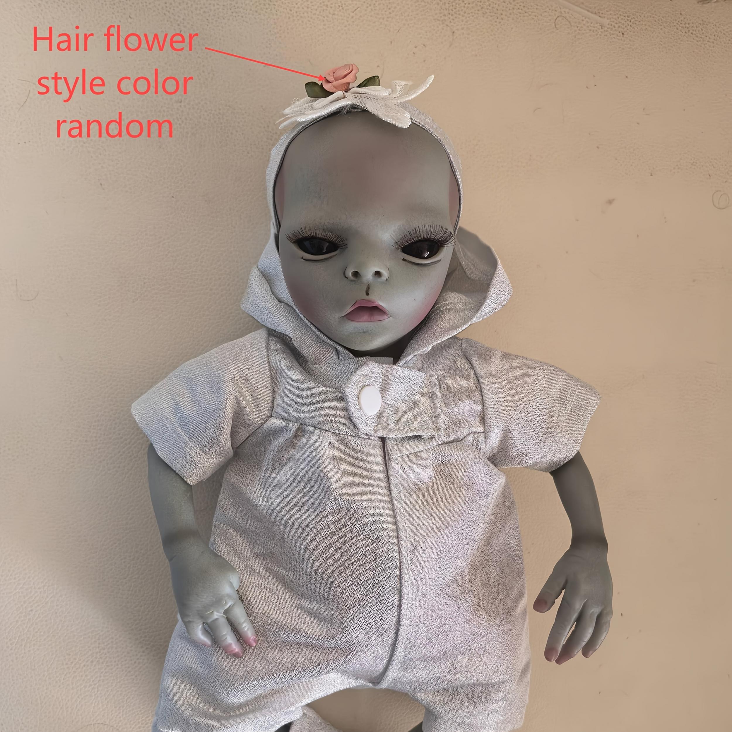 14" Realistic Vinyl Alien Doll Handcrafted Silver Dress with Floral Headband