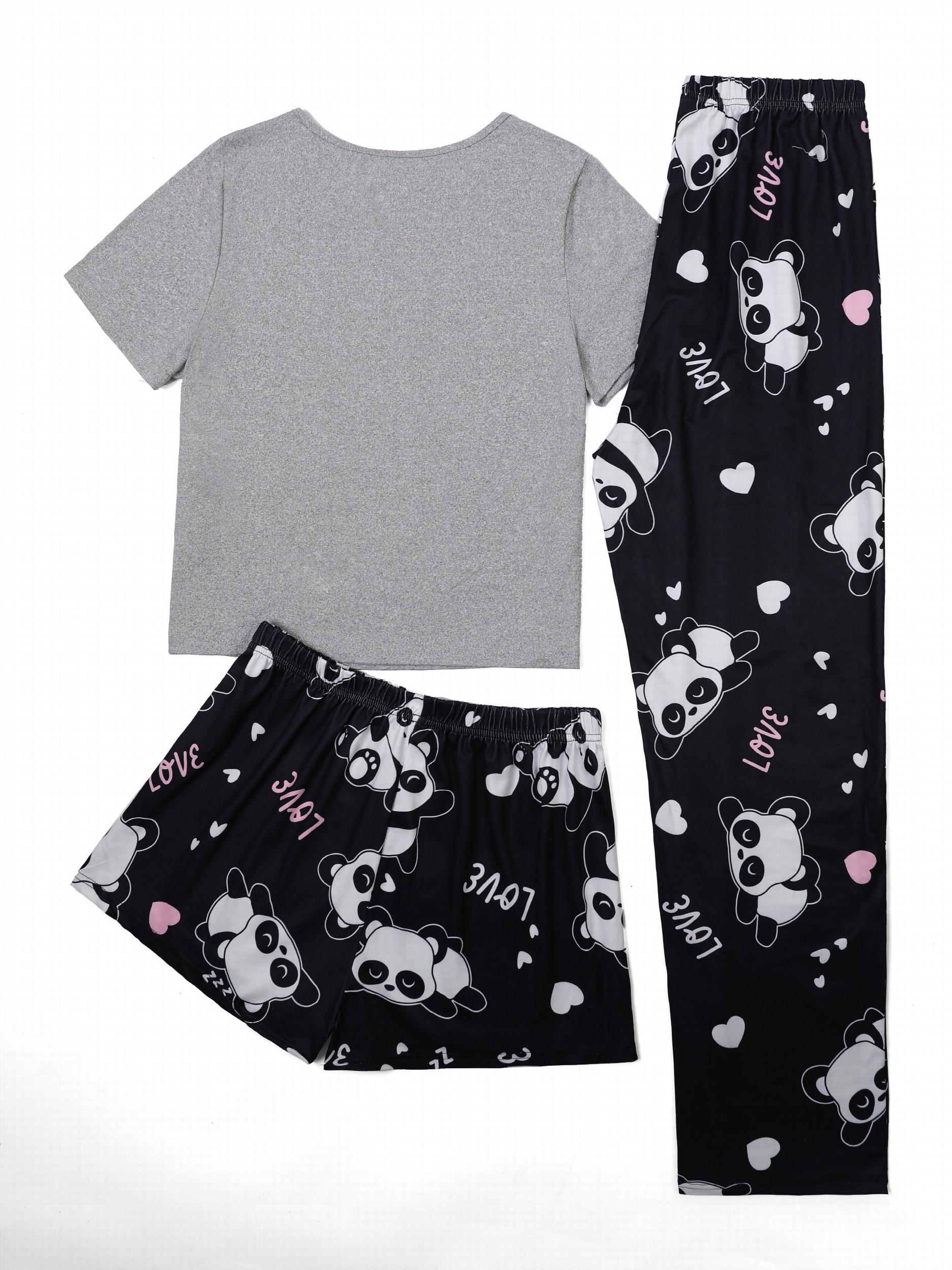 Panda Print Lounge Set Short Sleeve Crew Neck Top & Shorts & Pants