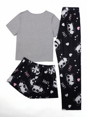 Panda Print Lounge Set Short Sleeve Crew Neck Top & Shorts & Pants