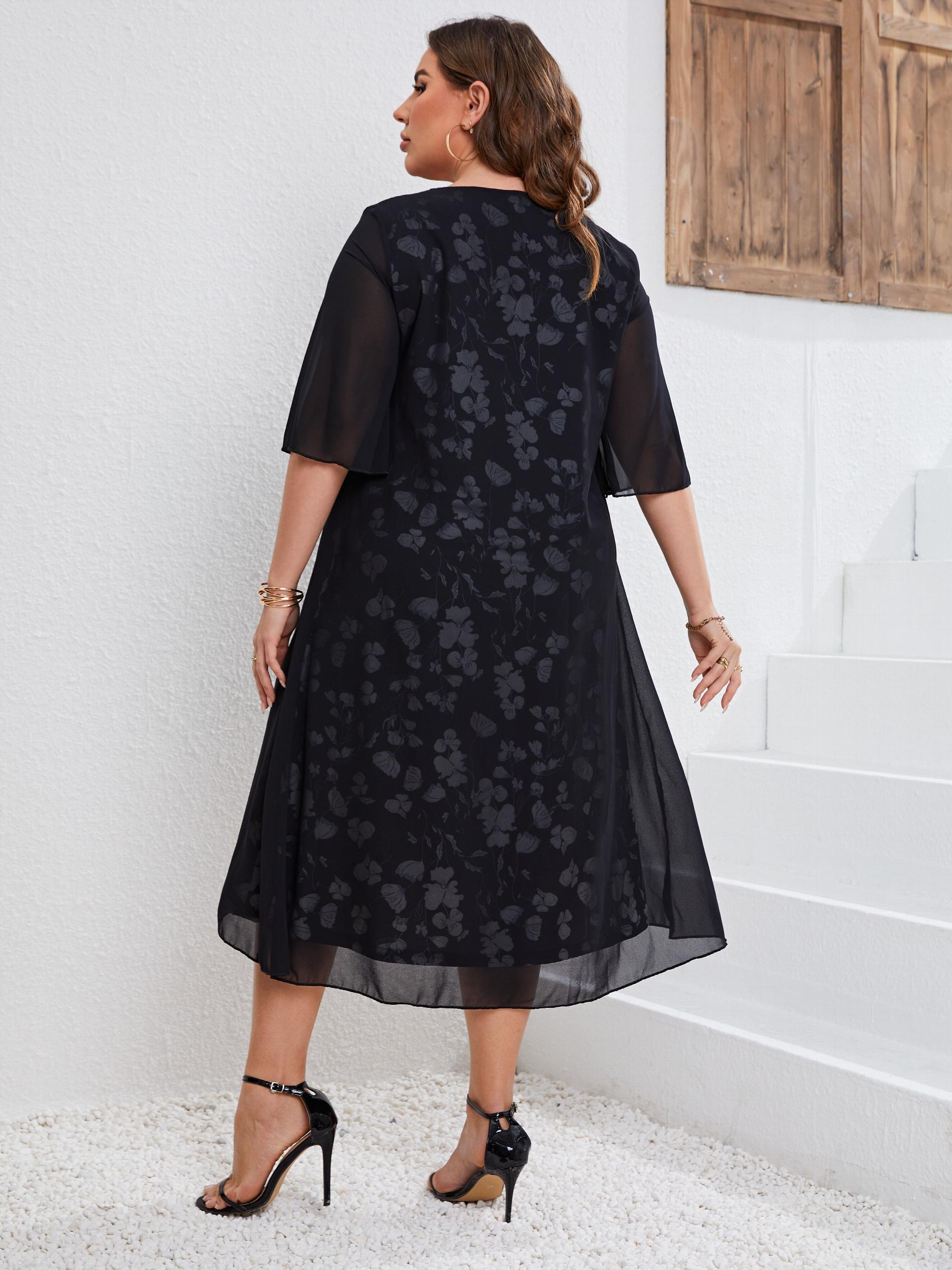  Women's Floral Print Layered Sleeve Dress