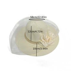 Wide Brim Mesh Veil Flower Sun Hat Straw Hat