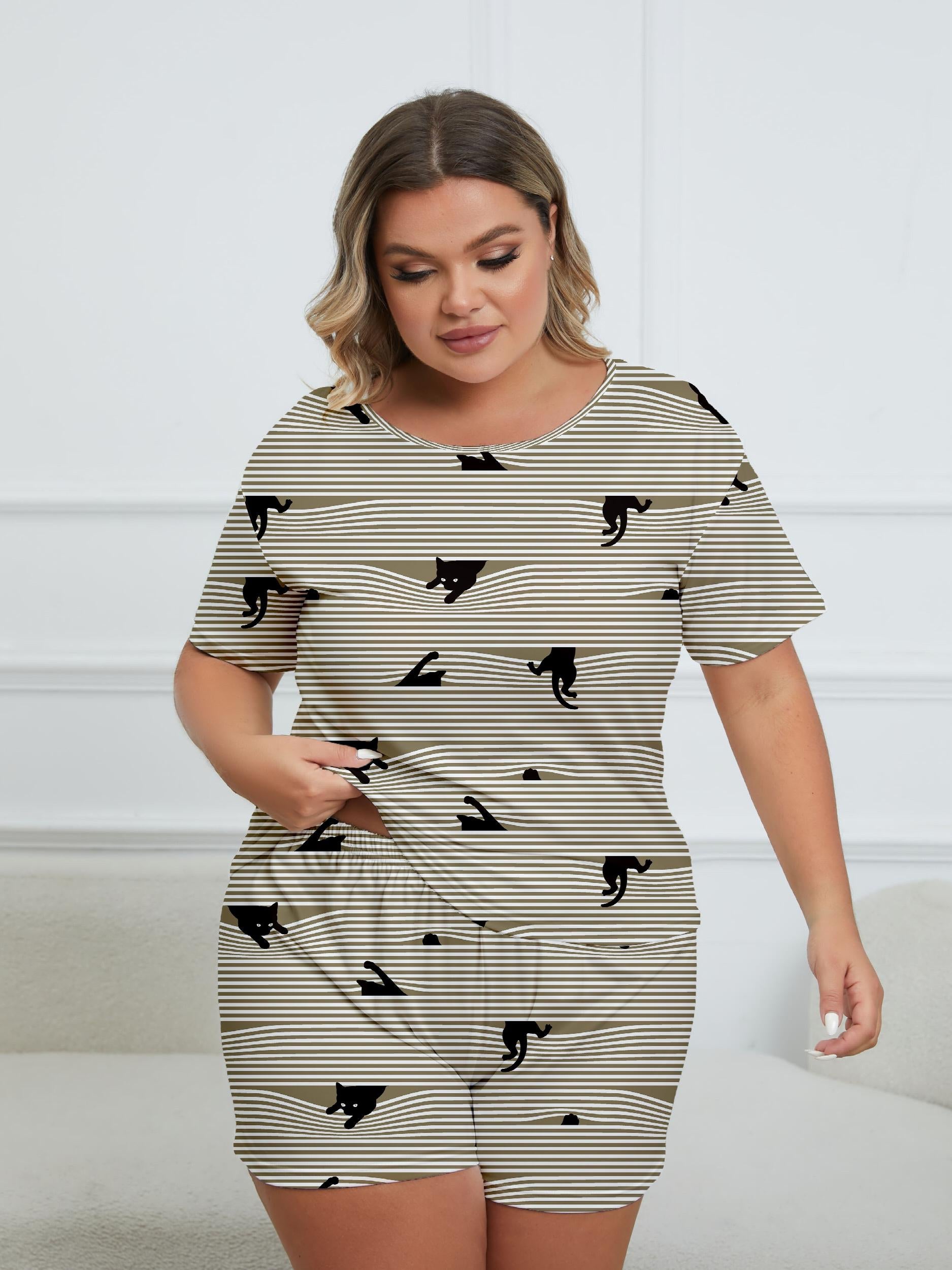  Cat & Stripe Print Pajama Set Round Neck Top & Shorts Two Piece