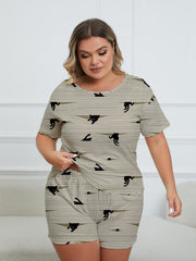  Cat & Stripe Print Pajama Set Round Neck Top & Shorts Two Piece