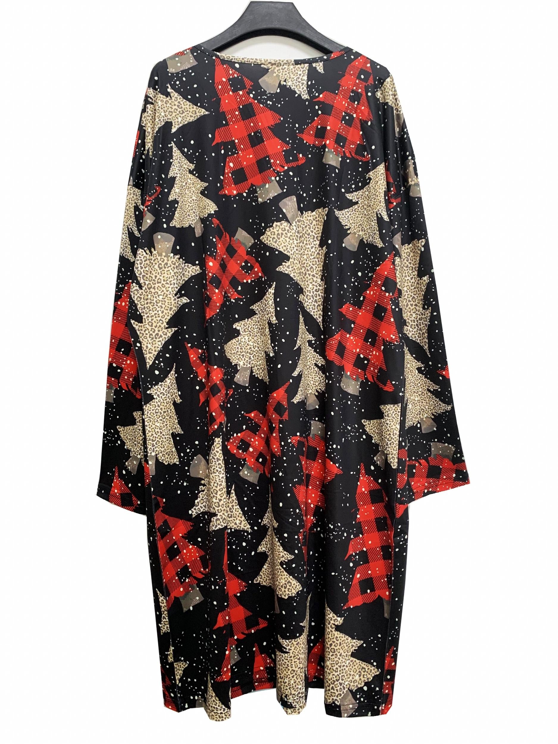 Women's Plus Christmas Tree Print Long Sleeve V Neck Dress